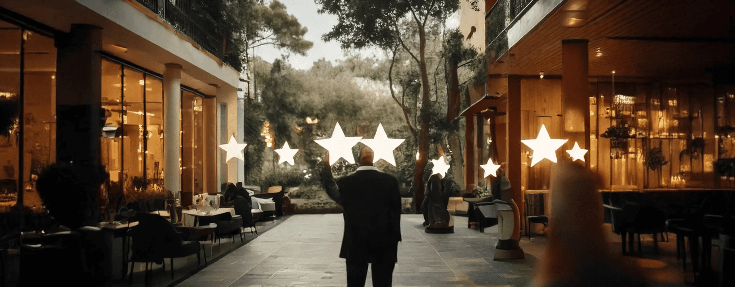 Illustration : un client salue des étoiles lumineuses devant la terrasse d'un hôtel