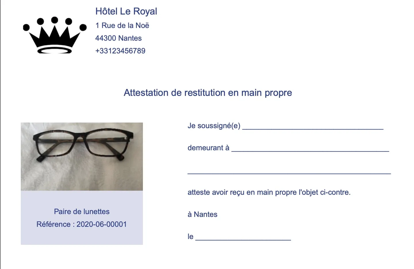 Attestation de restitution en main propre générée par PeeK'in : photo et référence de l'objet, identité du propriétaire, date et signature