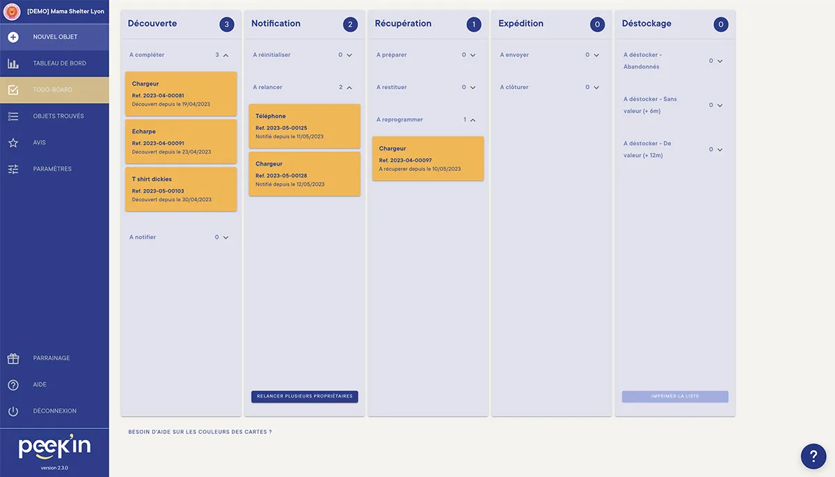 ToDo board PeeK'in : les objets trouvés classés par étape, de la découverte au déstockage