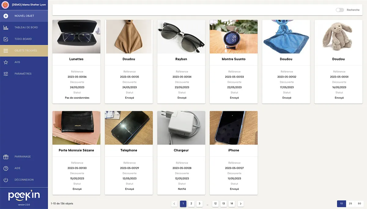 Tableau de bord PeeK'in : objets à traiter, en cours, résolus